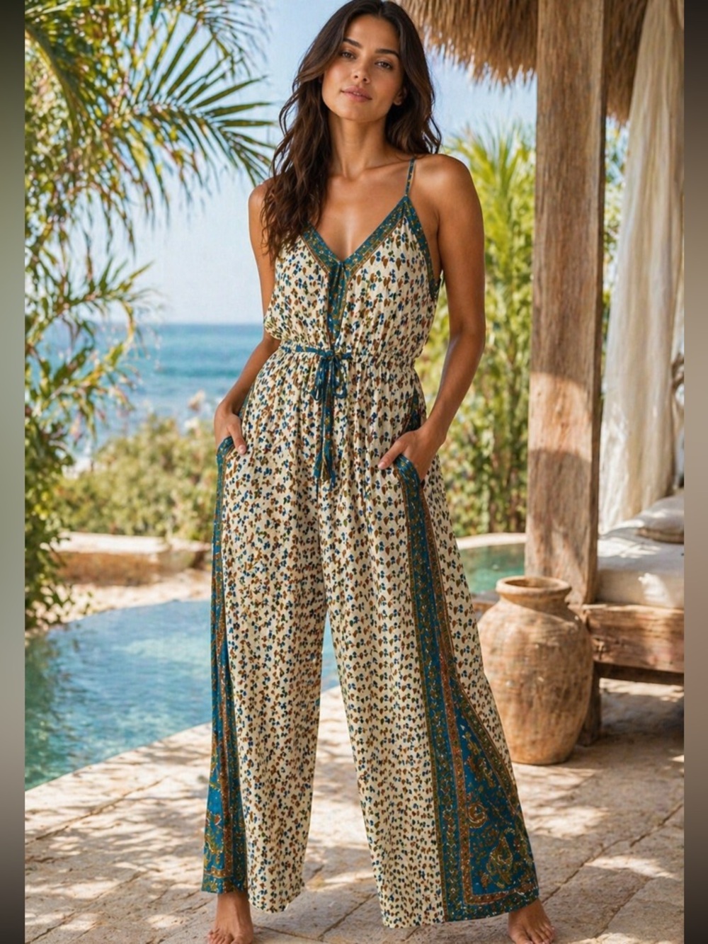 Advance Apparels Cream & Teal Rompet. Resort. One size fits most. 100% silk.